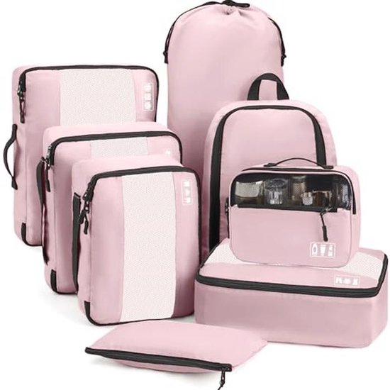 Organisateur de voyage, ensemble de 8 pièces pour valise, cubes d'emballage avec sac à chaussures et à cosmétiques, idéal pour les vacances et un emballage efficace, rose