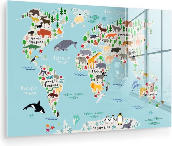 MuchoWow® Peinture sur verre 30x20 cm - Peinture sur verre acrylique - Wereldkaart - Enfants - Animaux - Blauw - Orque - Baleine - Photo sur verre - Peintures