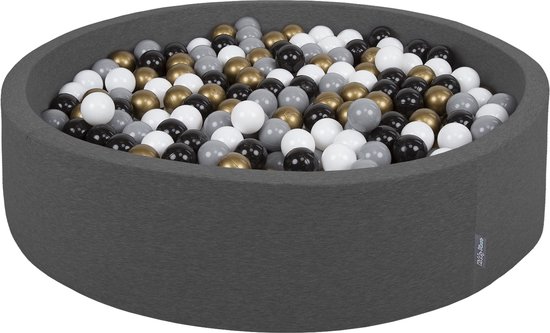 KiddyMoon piscine à balles ronde piscine à balles 120x30cm/300 balles ∅ 7cm piscine à balles balles colorées pour groupe de jeu bébé, fabriquée dans l'UE, gris foncé: blanc-gris-noir-or