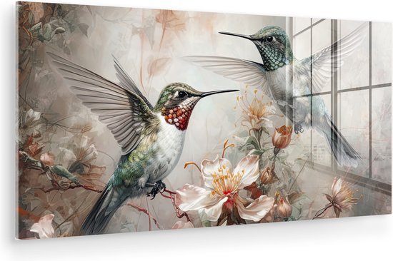 MuchoWow® Glasschilderij 40x20 cm - Schilderij acrylglas - Colibri - Vogels - Bloem - Planten - Foto op glas - Muurdecoratie woonkamer - Wanddecoratie slaapkamer - Schilderijen