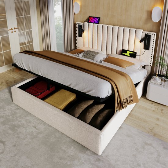 OKWISH Lit Rembourré 180x200cm - Tête de lit Réglable avec Rivets - Lampe de Lecture et USB-C - avec Espace de Rangement - Tissu Coton-Lin - Beige - Sans matelas