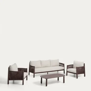 Set Aleria, bestehend aus einem 3-Sitzer-Sofa, zwei Sesseln sowie einem Couchtisch aus Aluminium und braunem Synthetikseil Set Aleria, bestehend aus einem 3-Sitzer-Sofa, zwei Sesseln sowie einem Couchtisch aus Aluminium und braunem Synthetikseil