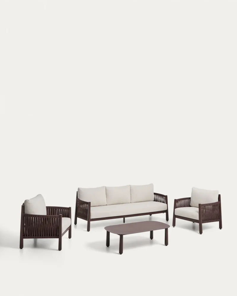 Set Aleria, bestehend aus einem 3-Sitzer-Sofa, zwei Sesseln sowie einem Couchtisch aus Aluminium und braunem Synthetikseil