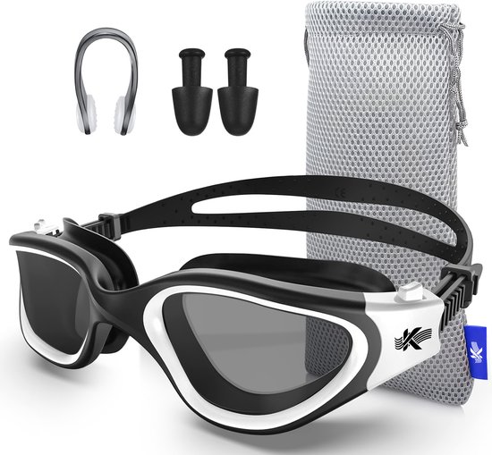 Lunettes de natation polarisées Kyrox - Antibuée - Protection UV - Bouchons Bouchons d'oreilles et pince-nez inclus - Lunettes de plongée - Sangle réglable - Unisexe - Lunettes de natation pour adultes et enfants - Wit (verres fumés)