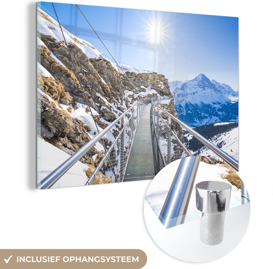 MuchoWow® Peinture sur verre 150x100 cm - Peinture acrylique sur verre - Passerelle sur les montagnes de Grindelwald - Photo sur verre - Peintures