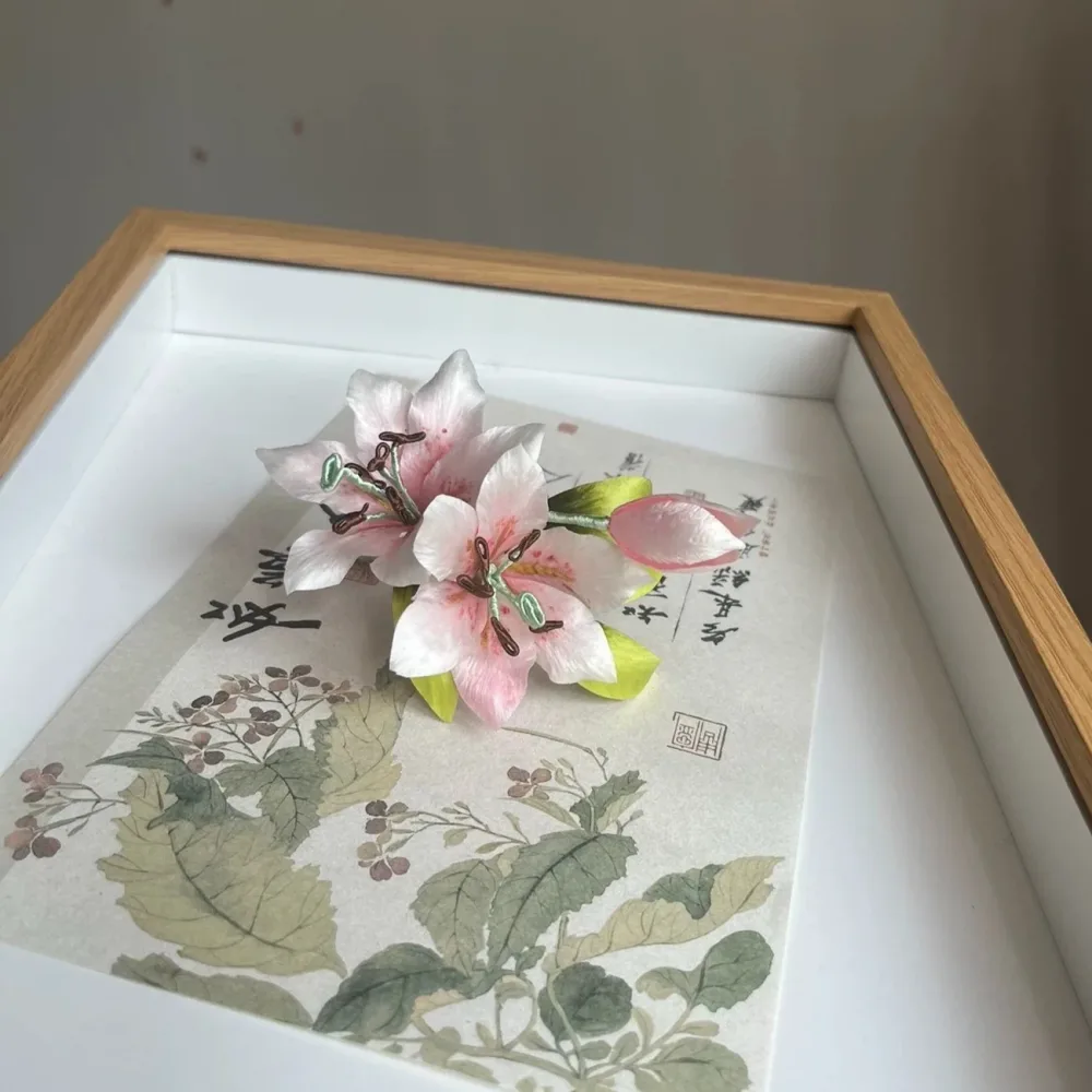 Handcrafted Pink Lily Ronghua Hair Pin | Mulberry Silk Floral Accessory – Image 3