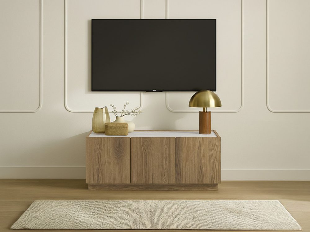 Meuble TV 3 portes 120 cm MARION effet chene et travertin – Image 2