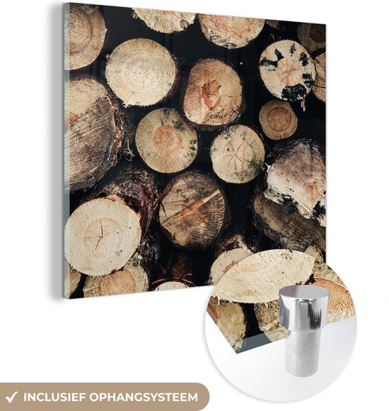 MuchoWow® Peinture sur verre 90x90 cm - Peinture sur verre acrylique - Bois - Hiver - Cheminée - Tronc d'arbre - Photo sur verre - Peintures