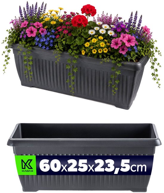 Jardinière KADAX 60 x 25 x 24 cm, jardinière rectangulaire pour fleurs, herbes et plantes sur le rebord de fenêtre, jardinière de balcon en plastique (anthracite)