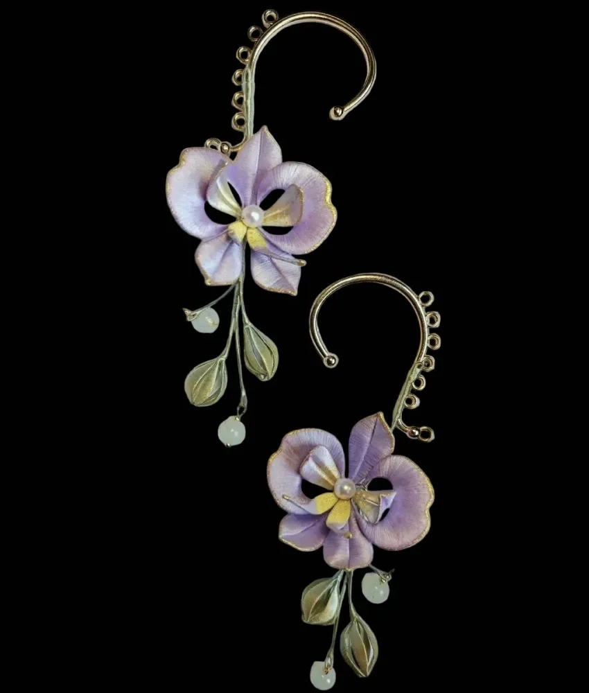 Handmade Thread-Wrapped Moth Orchid Ear Cuffs - Artisanal Chanhua Phalaenopsis Ear Jewelry