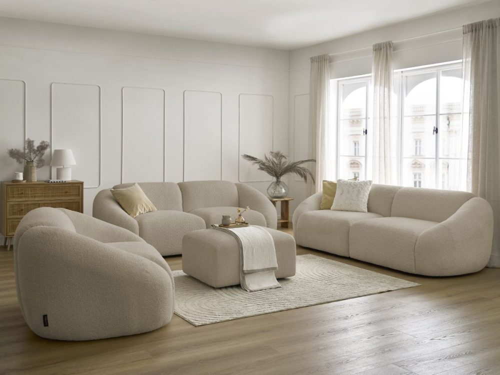 Ensemble canape droit fixe 3 + 2 places + fauteuil TINA tissu bouclette avec pouf – Image 2