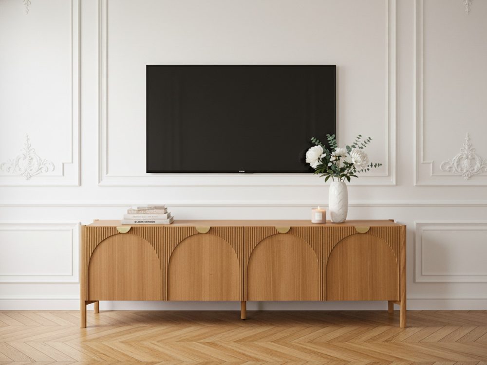 Meuble TV 4 portes 178 cm LOLA motif arrondi et placage frene massif – Image 3