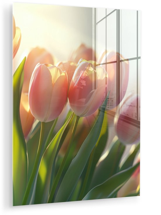 MuchoWow® Peinture sur verre 60x80 cm - Peinture sur verre acrylique - Tulipes - Rose - Rayons de soleil - Photo sur verre - Décoration murale salon - Décoration murale chambre - Peintures