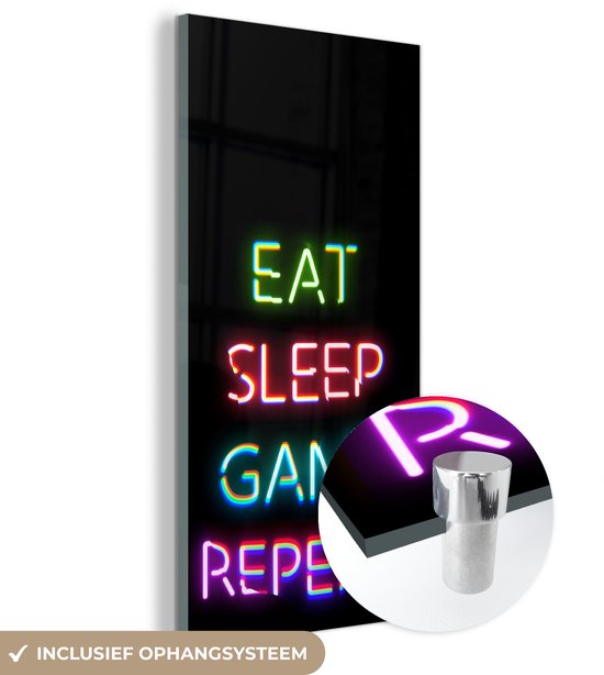 MuchoWow® Peinture sur Verre - Gaming - Led - Citation - Eat sleep game repeat - Jeux - 40x80 cm - Peintures sur Verre Peintures - Photo sur Glas