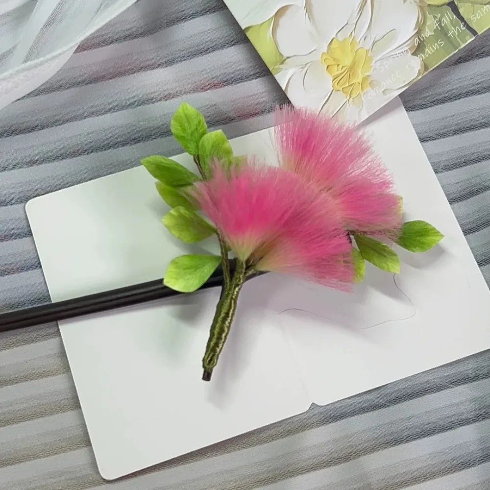 Handmade Ronghua Silk Albizia Flower Hairpin - Pink Mimosa Velvet Flower Kanzashi Hairpin – Image 2