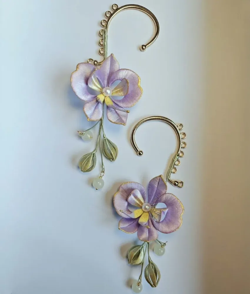 Handmade Thread-Wrapped Moth Orchid Ear Cuffs - Artisanal Chanhua Phalaenopsis Ear Jewelry – Image 2