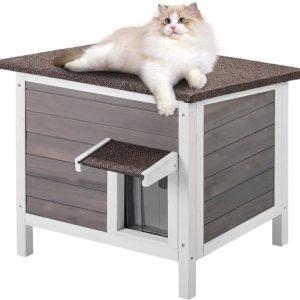 Niche pour chat Stervia pour l&rsquo;extérieur et l&rsquo;intérieur – Résistante aux intempéries 4 saisons – Avec porte battante – Petits animaux – Blanc/Gris – 61 x 50,8 x 53,5 cm
