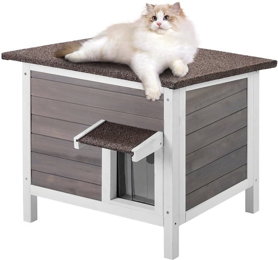 Niche pour chat Stervia pour l'extérieur et l'intérieur - Résistante aux intempéries 4 saisons - Avec porte battante - Petits animaux - Blanc/Gris - 61 x 50,8 x 53,5 cm