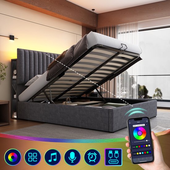 Lit double 160x200 - Grijs - Espace de rangement - Contrôle par application LED - 2 ports USB + 1 Type-C - Cadre en fer robuste - Sommier à lattes en bois - Sommier non requis