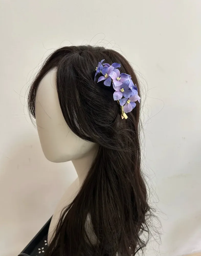 Handmade Ronghua Purple Hydrangea Flower Hair Clip in Natural Silk Thread – Image 3