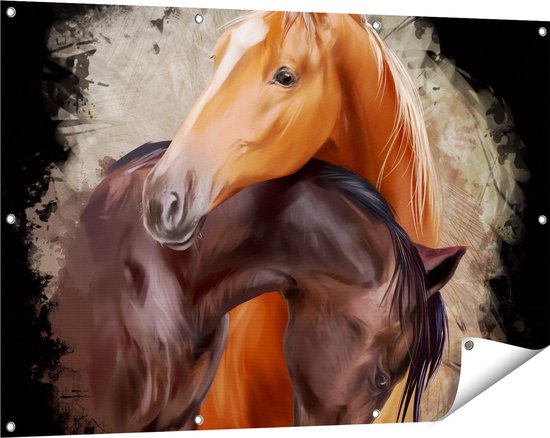 Gards Poster de Jardin Deux Paarden Dessinés en Câlin - Abstrait - 120x80 cm - Toile Jardin - Décoration de jardin - Décoration murale Extérieure - Tableau Jardin