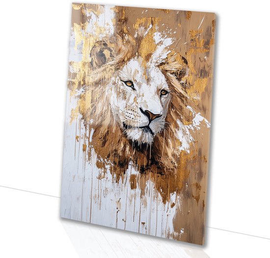 Lion moderne aux accents dorés - Peintures sur verre de lion - Décoration murale animaux en verre - Expressionnisme abstrait - Peinture plexiglas - Peintures sur verre uniques - verre acrylique 50x75 cm