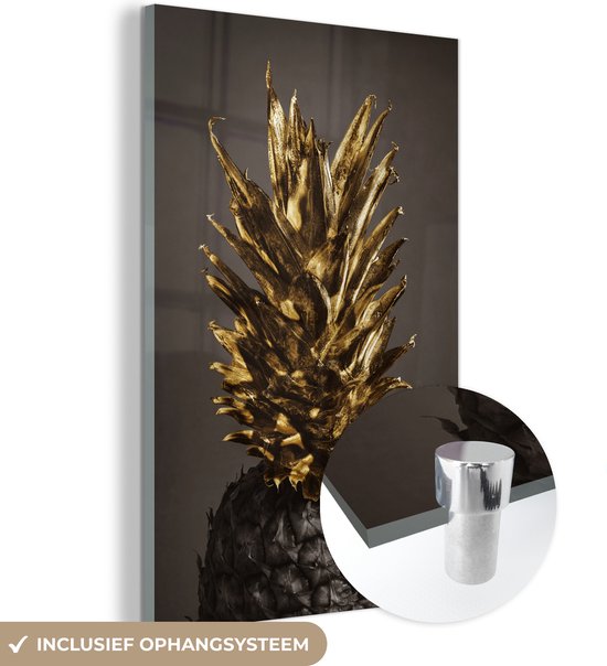 MuchoWow® Peinture sur verre 60x90 cm - Peinture sur verre acrylique - Fruits - Ananas - Or - Photo sur verre - Peintures