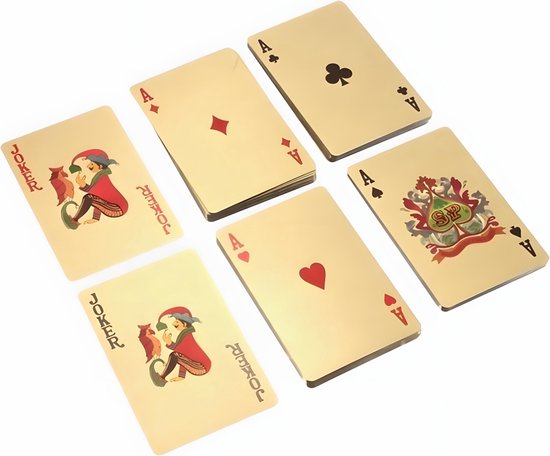 Jeu de cartes à Cartes à jouer de Luxe couleur or - Set de cartes de Poker - Cartes de jeu de Poker - Cartes de jeu - Modèle 500 Euro - Cartes à jouer en plastique doré laminé - Cartes de poker - Set complet de 54 cartes