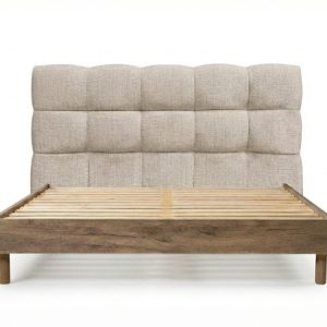 Lit KUMO tissu texture lattes massives pieds en bois naturel