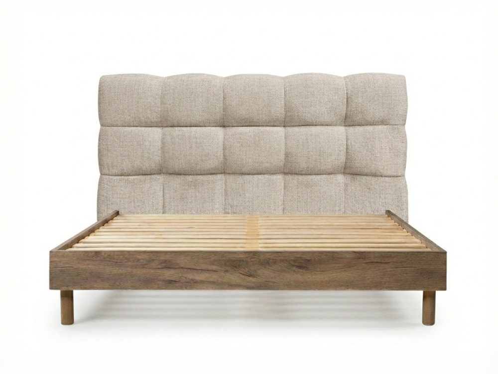 Lit KUMO tissu texture lattes massives pieds en bois naturel