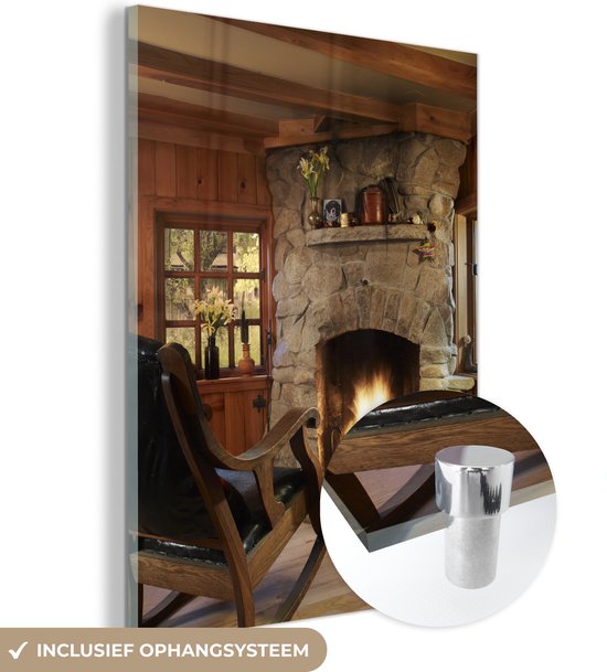 MuchoWow® Peinture sur Verre - Feu Brûlant dans une Cheminée - 60x80 cm - Peintures sur Verre Peintures - Photo sur Glas