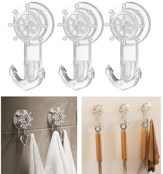 Lot de 3 crochets à ventouse rotatifs solides - Design transparent - Style crochet de bateau - Ventouse à vide, sans percer - Convient comme crochets décoratifs derrière les portes de cuisine, de salle de bain et de toilette - Robustes et durables