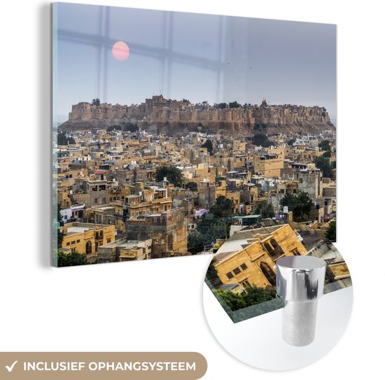 Jaisalmer dans la soirée avec lune flottant au-dessus du fort en Inde Plexiglas 30x20 cm - petit - Tirage photo sur Glas (décoration murale en plexiglas)
