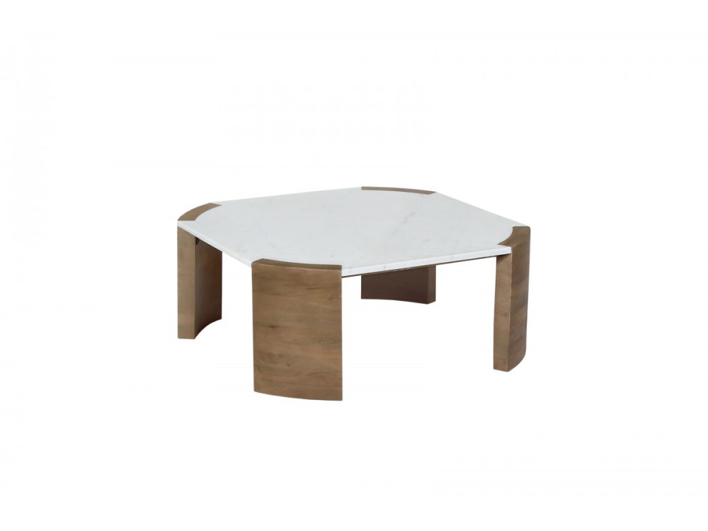 Table basse carree 85 cm TORVI plateau marbre et pieds bois massif d'acacia