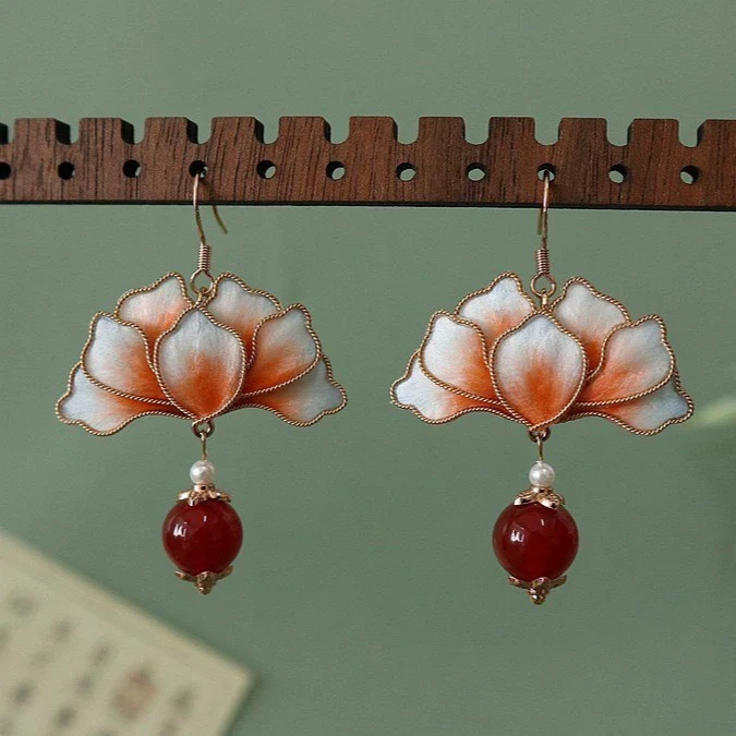 Handmade Ronghua Red Lotus Pearl Drop Earrings | Mulberry Silk Velvet Cloisonné-Style Earrings with Agate – Image 2
