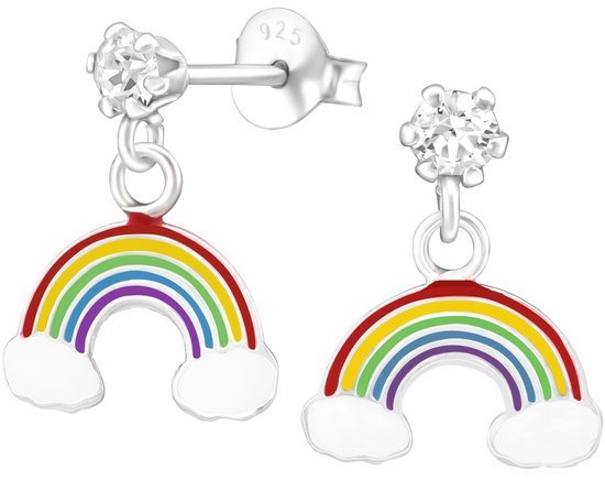 Joie|S - Boucles d'oreilles charms arc-en-ciel argentées - nuages pailletés - clous d'oreilles avec breloque - cristal - boucles d'oreilles enfant