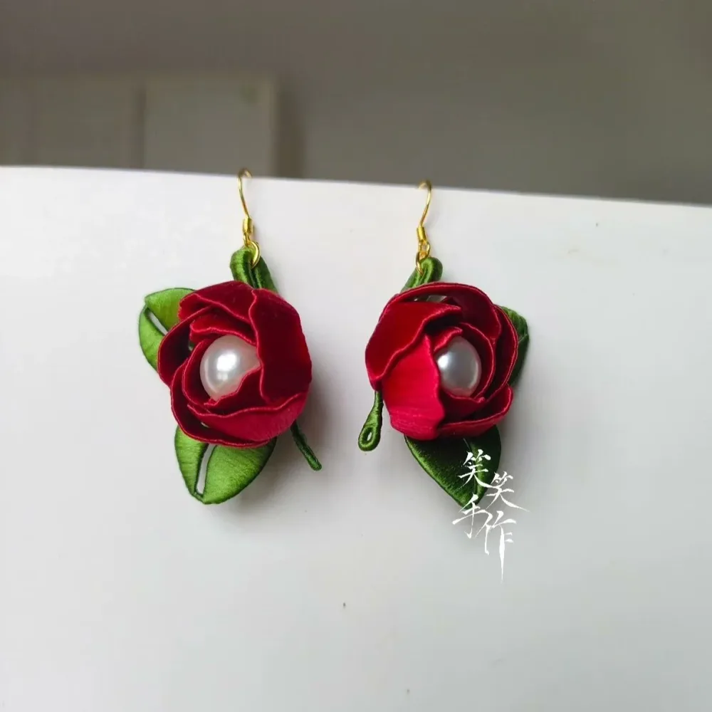 Handcrafted Chanhua Rose & Pearl Drop Earrings - 925 Silver Hooks