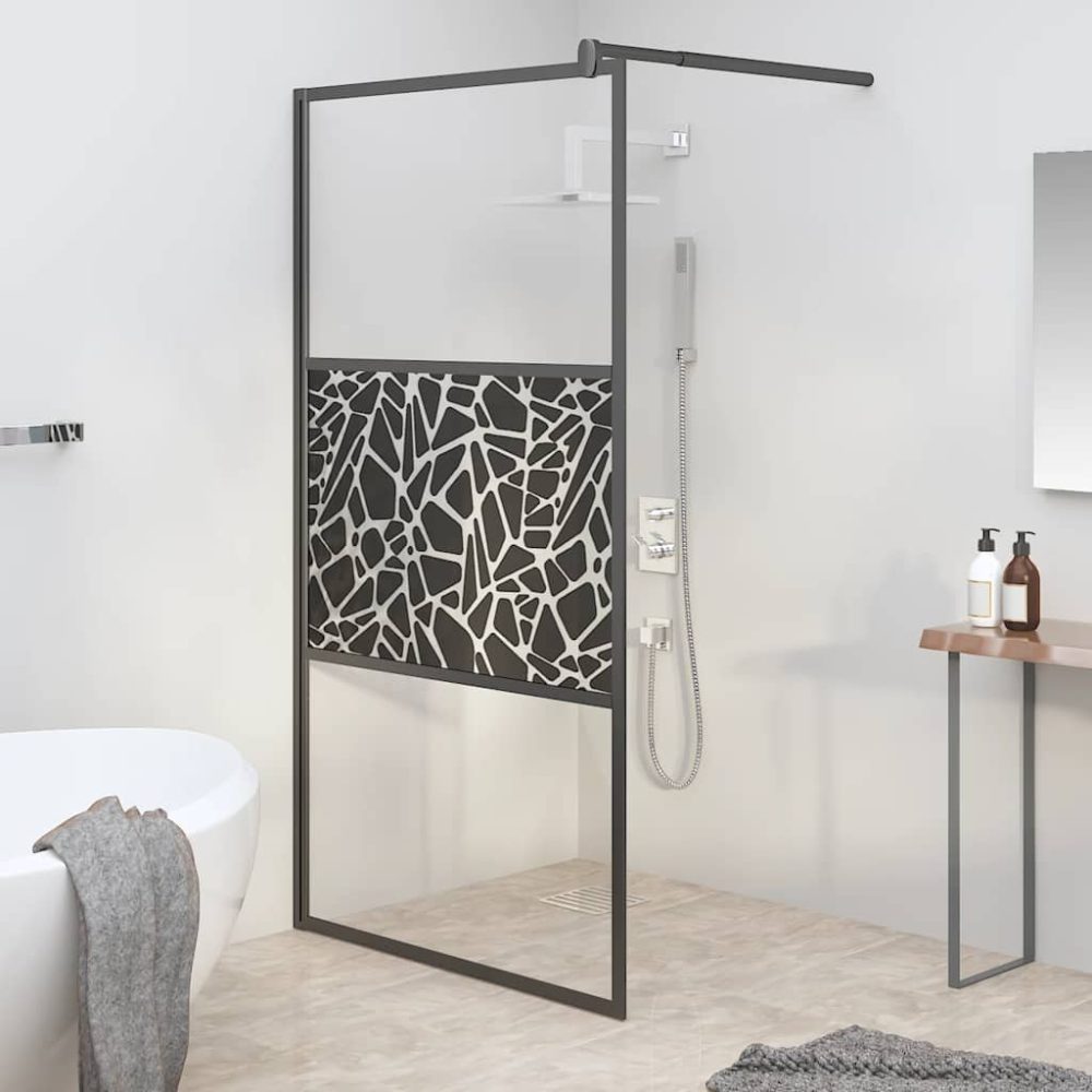 Walk-in Shower Wall 115x195cm ESG Glass with Stone Design Black Walk-in Shower Wall 115x195cm ESG Glass with Stone Design Black