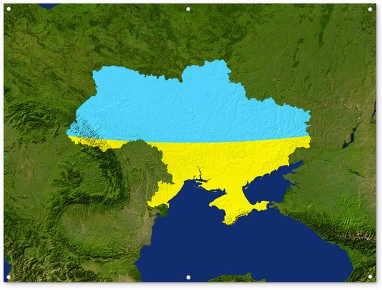 Image satellite de l'Ukraine avec le drapeau Affiche de jardin 160x120 cm - Toile de jardin / Toile d'extérieur / Peintures d'extérieur (décoration de jardin) XXL / Groot format!