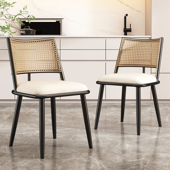 MODFU Chaise de salle à manger lot de 2, dossier rotin, assise PU, pieds métalliques, noir, design léger