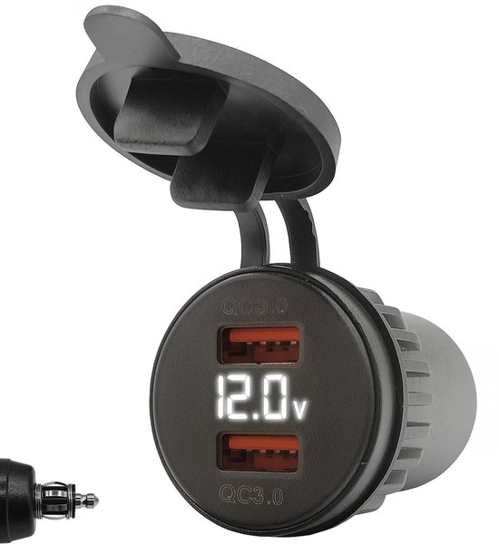 Moteur chargeur USB ProRide avec voltmètre - Din Hella - QC3. 0 - 12V/24V - Chargeur USB moto 2 ports - Blauw