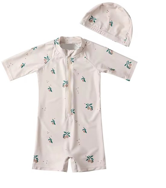Il Bambini - Maillot de bain UV - Maillot de bain avec bonnet - UPF50+ - Beige clair imprimé pêche - Taille 104/110