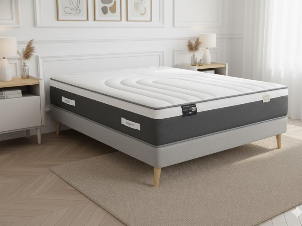 Ensemble matelas hybride ressorts ensaches et mousse a memoire de forme EYLAU + sommier BOBOCHIC x SIMMONS ®