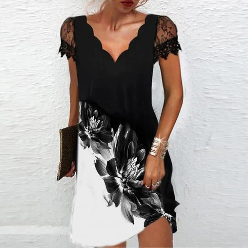 Robe imprimée à manches courtes en dentelle à col en V pour femmes – Image 3