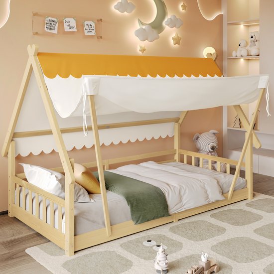 lit pour enfant, Lits en Bois, Lit une Personne, Magnifique Petite Maison en Bois, la Tente est Amovible, Sommier à Lattes Robuste, avec Barrière de Sécurité, Pin + Contreplaqué, Naturel, 90x200cm