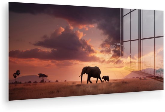 MuchoWow® Peinture sur verre 120x60 cm - Peinture acrylique sur verre - Éléphants - Prairie - Coucher de soleil - Photo sur verre - Décoration murale salon - Décoration murale chambre à coucher - Peintures