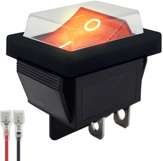 Interrupteur à bascule ProRide ON-OFF KCD4-202 - avec capuchon Zwart et câble de connexion - 2 pôles - 250V/16A - 30x22mm - Rouge avec lumière