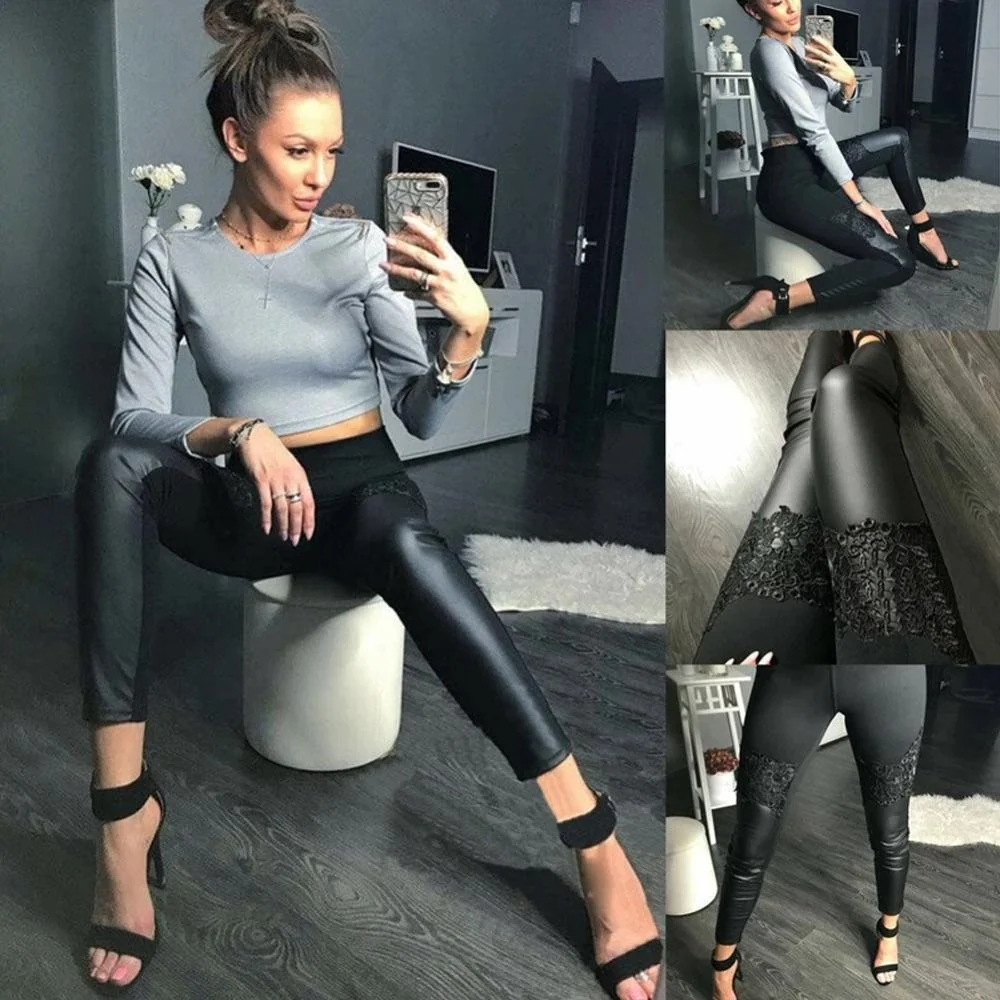 Pantalon Skinny Fit en Cuir avec Dentelle pour Femmes – Image 2
