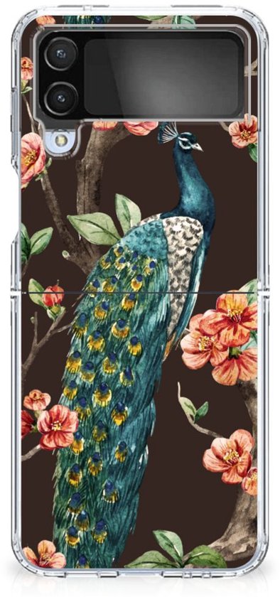 Housse TPU Silicone Etui pour Samsung Galaxy Z Flip 4 Coque Téléphone Peacock Avec Des Fleurs
