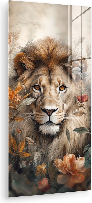 MuchoWow® Tableau sur verre 60x120 cm - Tableau sur verre acrylique - Lion - Animaux sauvages - Plantes - Nature - Fleurs - Photo sur verre - Décoration murale salon - Décoration murale chambre - Peintures